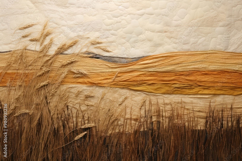 Sticker Wheat field landscape textile art.