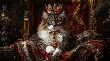 Fototapeta premium Majestic feline ruler sitting on throne adorned with crown and royal ornaments