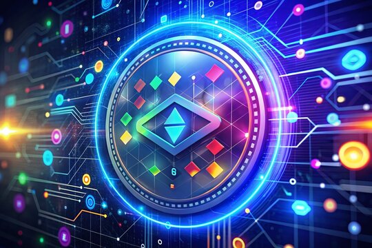 Modern digital badge featuring stylized coding symbols and colorful geometric shapes, representing innovative web