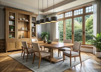 Fototapeta premium Modern dining room with sleek wooden table, chairs, and matching hutch, surrounded by neutral walls and large windows,