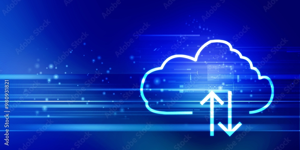Poster 2d illustration uploading downloading arrow with cloud