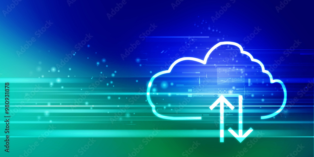 Poster 2d illustration uploading downloading arrow with cloud