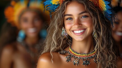 Obraz premium A joyful young woman in traditional attire smiles brightly at a cultural celebration in a vibrant setting during daytime