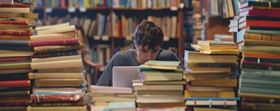 Lost in the Stacks A Young Man Surrounded by Books in a Library, Focus on Books, Shallow Depth of Field, Serene Study, Knowledge Seeker, Academic Pursuit, Library Life