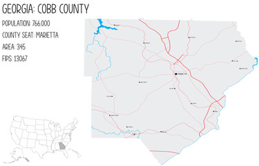 Large and detailed map of Cobb County in Georgia, USA.