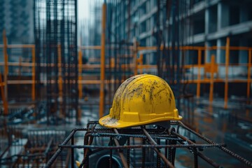 Construction Site With Yellow Helmet in Early Morning Light