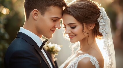 A joyful newlywed couple sharing an intimate moment during their outdoor wedding ceremony in soft evening light