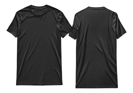 Blank black t shirt front and back view. Transparent background, Isolated PNG.
