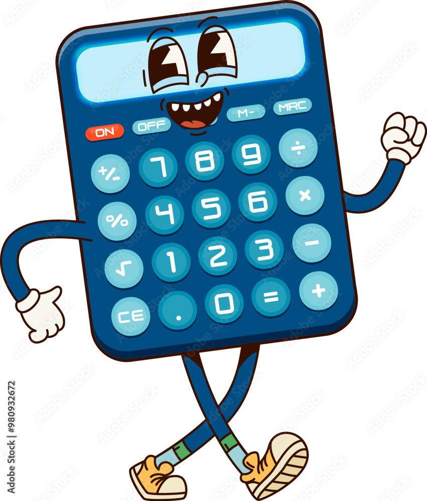 Aufkleber school education calculator groovy character. isolated cartoon vector fun office supply personage wi