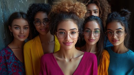 Fototapeta premium A group of young women smiling together indoors, showcasing diverse styles and personalities in a cozy setting, captured in the afternoon