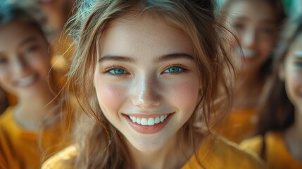 Fototapeta premium A joyful young girl smiles brightly, surrounded by friends in matching yellow shirts during a sunny day in the park