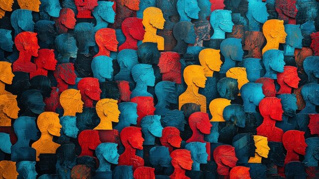 Colorful textured wall art featuring abstract human profiles in red, blue, and yellow hues from an exhibit in an urban setting - Powered by Adobe