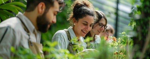 Obraz premium Smiling Woman Surrounded by Greenery, Blurred Background, Group of Friends, Plants, Nature, Friends, Greenhouse