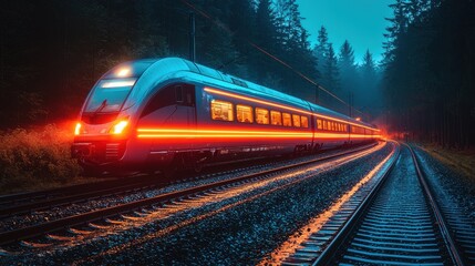 Naklejka premium A train moves swiftly through a misty forest at twilight, leaving a trail of light along the tracks while surrounded by nature's tranquility