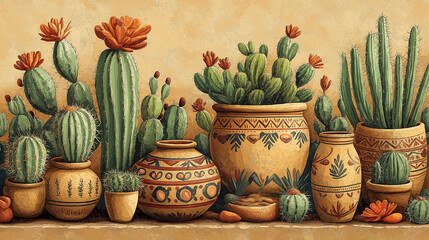 Traditional Pottery and Cacti: A rustic pattern with hand-painted Mexican pottery (jars, bowls, and plates) alongside cacti, repeating in an earthy, textured layout. The pottery fe