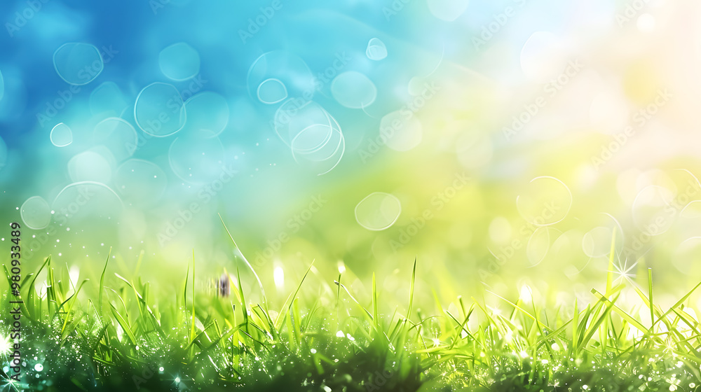 Poster beautiful sunny spring meadow with green grass and blue sky; abstract background with light bokeh an