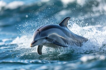 Obraz premium Playful Dolphins Leaping Through Ocean Waves at Sunset