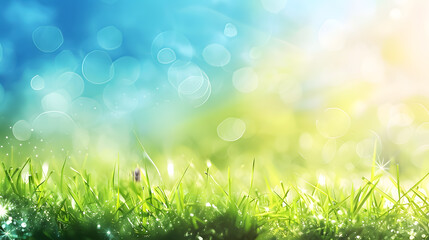Fototapeta premium Beautiful sunny spring meadow with green grass and blue sky; abstract background with light bokeh and space for text.