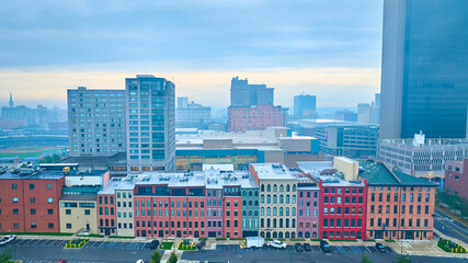 Aerial Sunrise Over Toledo Colorful Row Houses and Modern Skyline