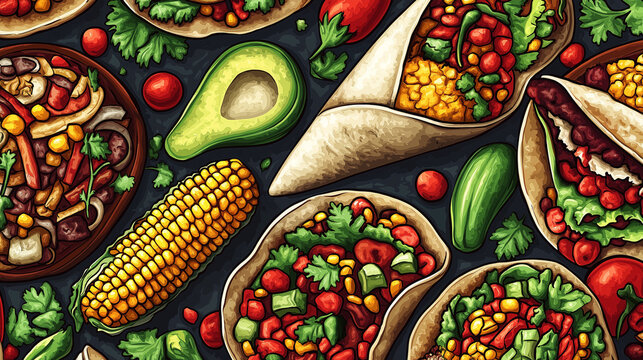 Mexican Street Food: A delicious pattern showcasing popular Mexican street foods like tacos, elote (corn on the cob), and tamales, arranged in a mouth-watering repeat. The food ite