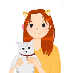 a drawing of a girl with orange long hair wearing yellow shirt holding a cute cat
