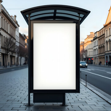 Mockup plantilla cartel publicitario en blanco en una marquesina de una parada de autob&uacute;s en una calle