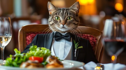Sophisticated Cat in Tuxedo Dining at Upscale Restaurant with Gourmet Cuisine and Wine