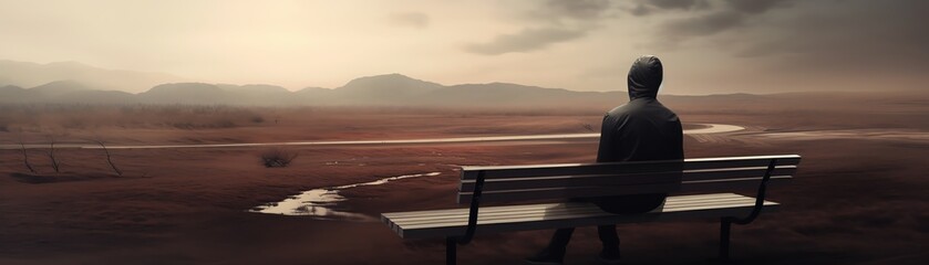 A solitary figure sits on a bench, gazing at a serene landscape of mountains and a winding river under a moody sky.