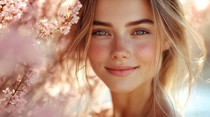 Young woman with freckles smiling amidst pink cherry blossoms during daylight in a serene outdoor setting