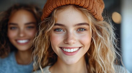 Fototapeta premium Two young women enjoy a cheerful moment indoors while wearing cozy winter outfits in a warm, inviting atmosphere during daylight