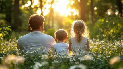 Family enjoying a sunny afternoon in a flower-filled meadow, relaxing together in nature during the golden hour