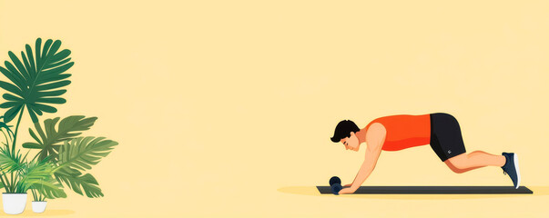 Home workout routine, person doing pushups, flat design illustration
