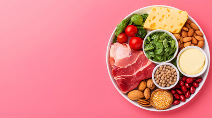 Keto diet meal plan, lowcarb foods on plate, flat design illustration