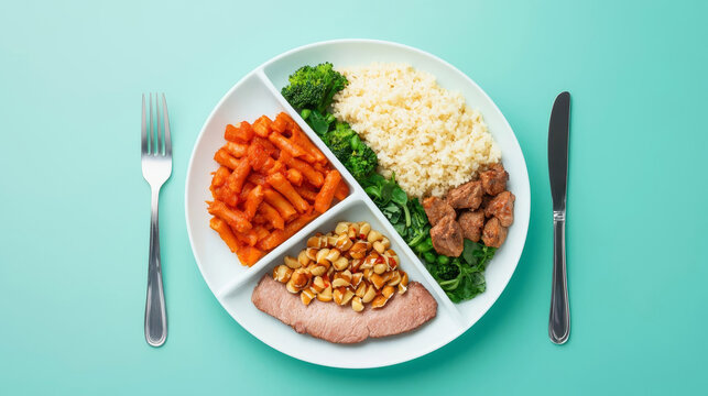 Meal portion control, divided plate with balanced food, flat design illustration