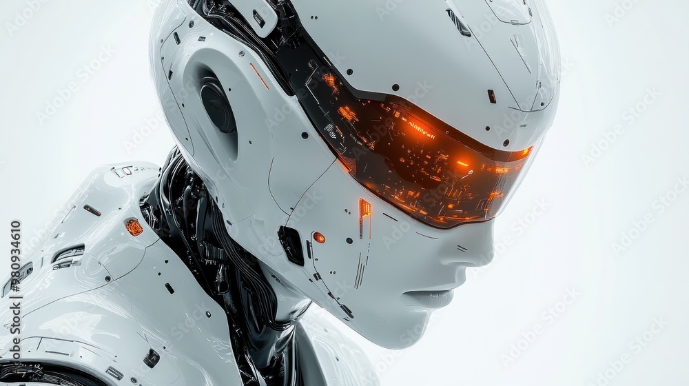 Poster futuristic humanoid robot with glowing features and intricate design.