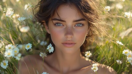 A young woman with captivating blue eyes surrounded by wildflowers in a sunlit meadow during the golden hour of late afternoon