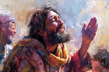 Illustration of Bartimaeus, a blind beggar, calling out to Jesus for healing by the roadside. Jesus stops, heals his blindness, and Bartimaeus follows Him with gratitude.