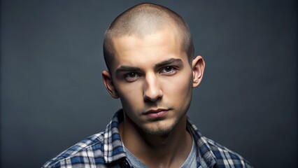 Obraz premium A young man with a closely shaved head and a buzz cut, wearing casual clothing