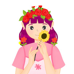 a drawing of a girl with a red flower crown wearing pink shirt holding sunflower