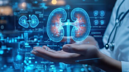 Medical graphs and data in blue, with hands presenting digital human kidneys illustration