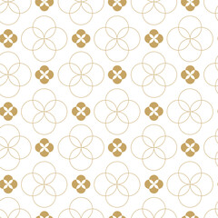 Abstract geometric pattern with circles, crosses, stripes, lines. Seamless vector background. White and gold floral ornament. Modern reticulated graphic design.