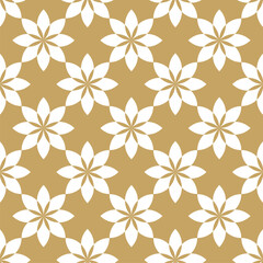 Abstract geometric pattern with circles, crosses, stripes, lines. Seamless vector background. White and gold floral ornament. Modern reticulated graphic design.