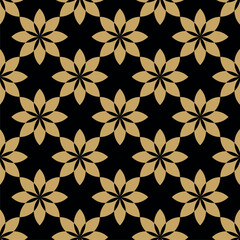 Fototapeta premium Abstract geometric pattern with circles, crosses, stripes, lines. Seamless vector background. Black and gold floral ornament. Modern reticulated graphic design.