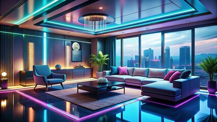 Modern futuristic living room interior design generated by artificial intelligence, featuring sleek furniture,