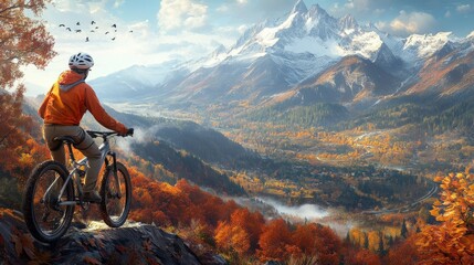 Fototapeta premium Mountain biker, nature athlete, nature person, watching the magnificent view of the mountains and forest