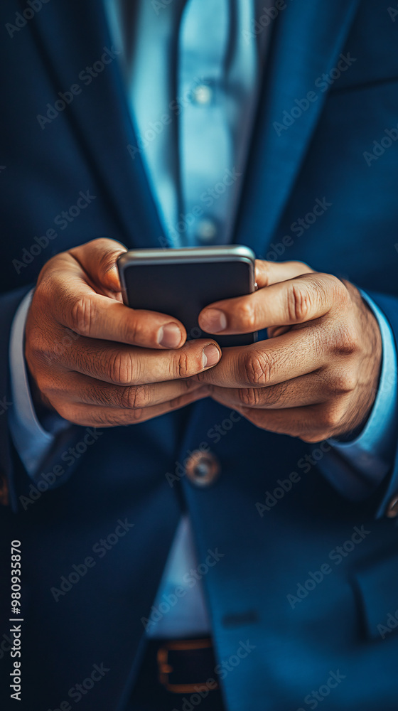Poster Man in a suit is using a smartphone to browse the internet