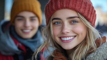 Young friends smiling warmly at the camera during a chilly winter day in a vibrant outdoor setting