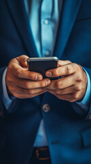 Man in a suit is using a smartphone to browse the internet