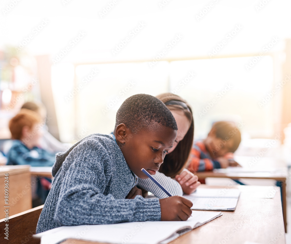 Poster Desk, writing and kids in classroom for education in growth, child development and notebook for math test. Problem solving, learning and students with exam notes, knowledge and study at middle school