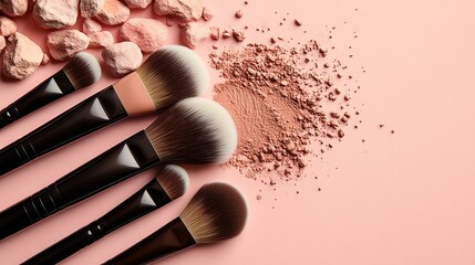 Makeup brushes and powder on pink background.